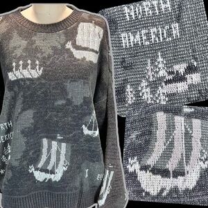 VINTAGE Viking sail ship global‎ war map knit sweater crewneck history 80s 90s